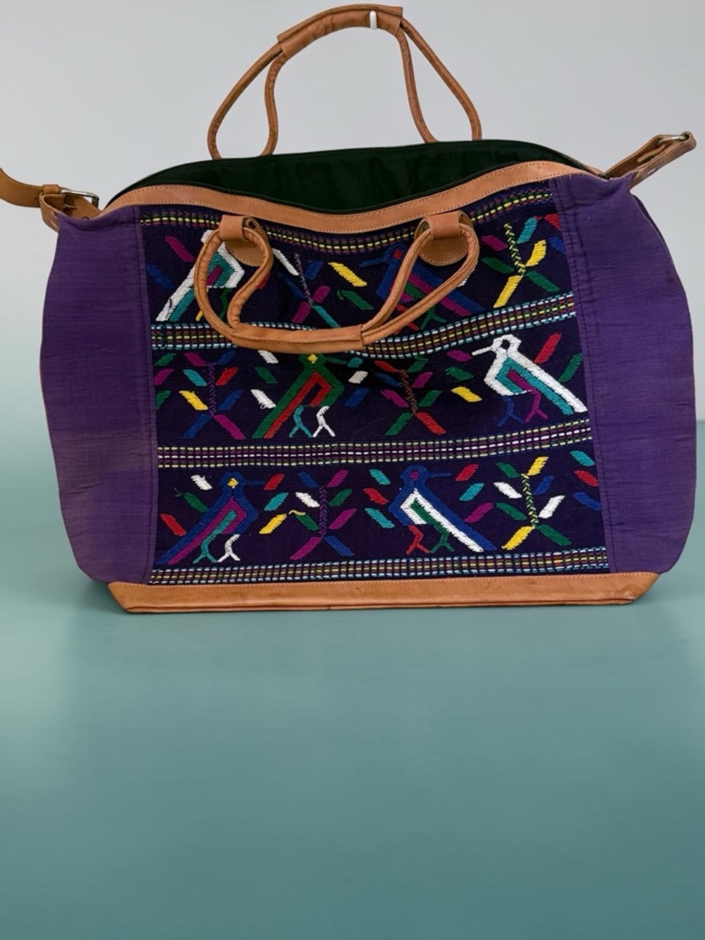 Purple Hand Embroidered Tote with Tan Leather Trim and Multicolor Pattern